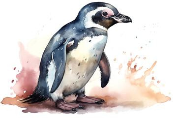 Cute full length african penguin in watercolor illustration - obrazy, fototapety, plakaty