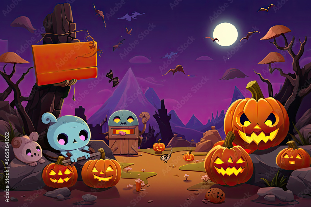 Poster halloween 404 timeout error webpage with a vector illustration of a haunted forest, shadowy trees, a