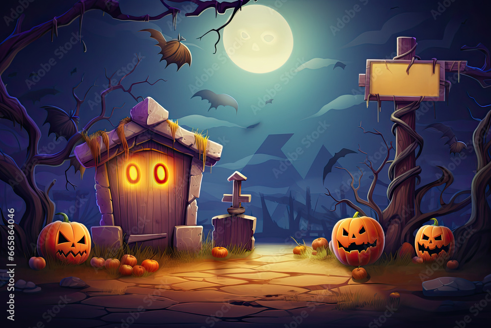 Fototapete halloween 404 timeout error webpage with a vector illustration of a haunted forest, shadowy trees, a