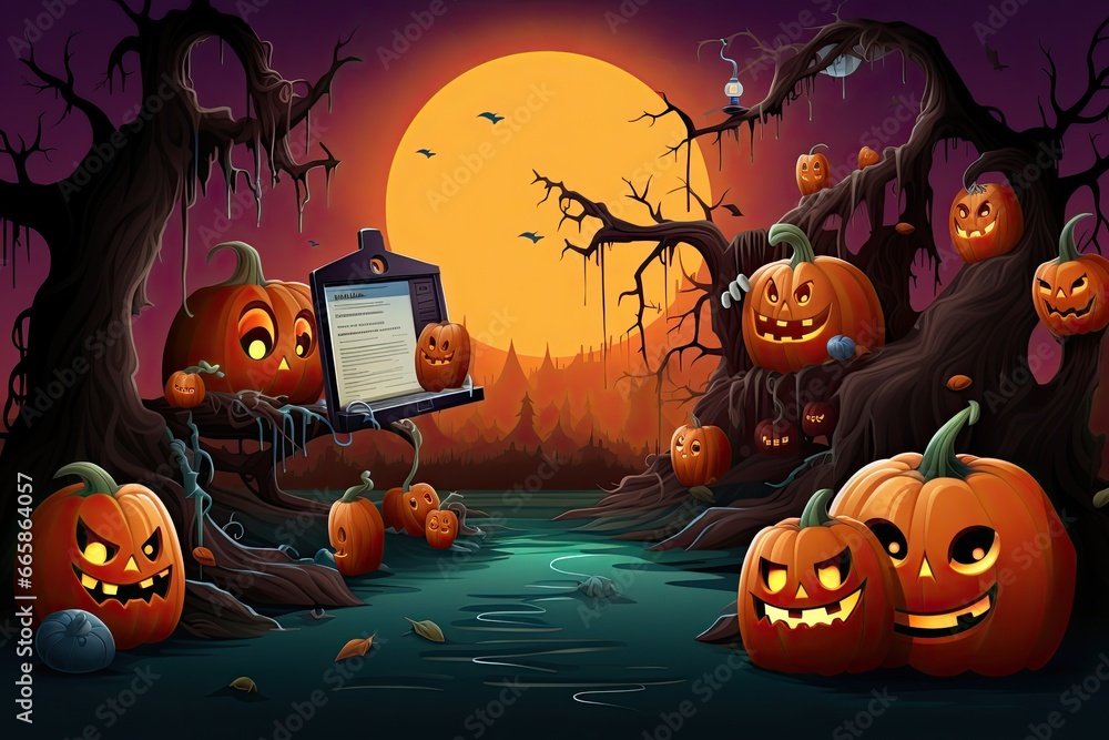 Fototapete halloween 404 timeout error webpage with a vector illustration of a haunted forest, shadowy trees, a