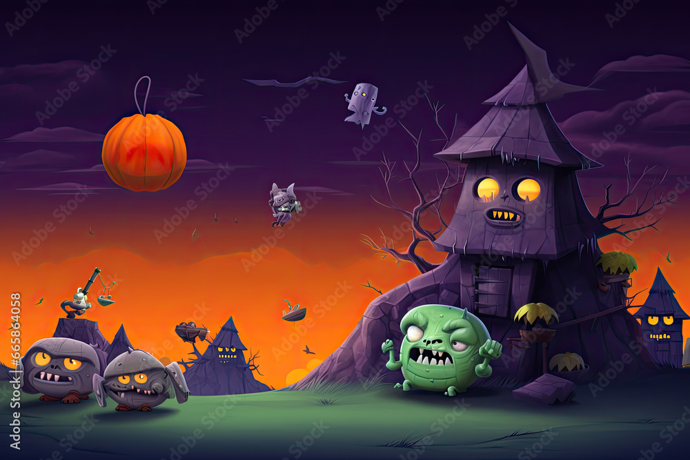 Fototapete halloween 404 timeout error webpage with a vector illustration of a haunted forest, shadowy trees, a
