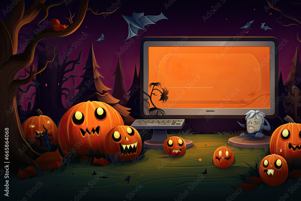 Fototapete halloween 404 timeout error webpage with a vector illustration of a haunted forest, shadowy trees, a