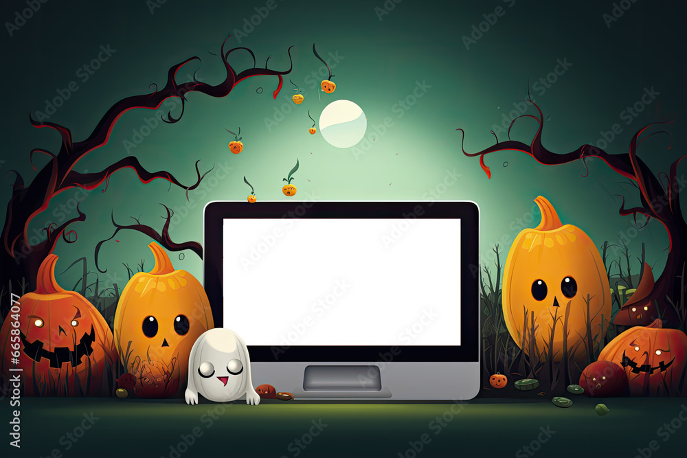 Fototapete halloween 404 timeout error webpage with a vector illustration of a haunted forest, shadowy trees, a