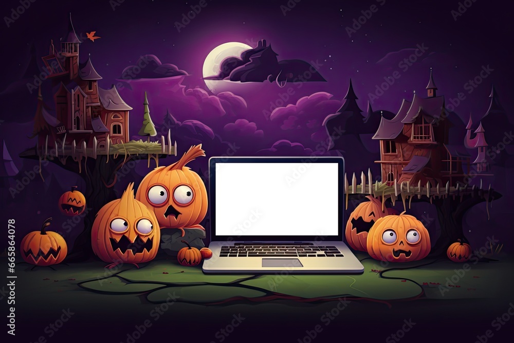 Fototapete halloween 404 timeout error webpage with a vector illustration of a haunted forest, shadowy trees, a