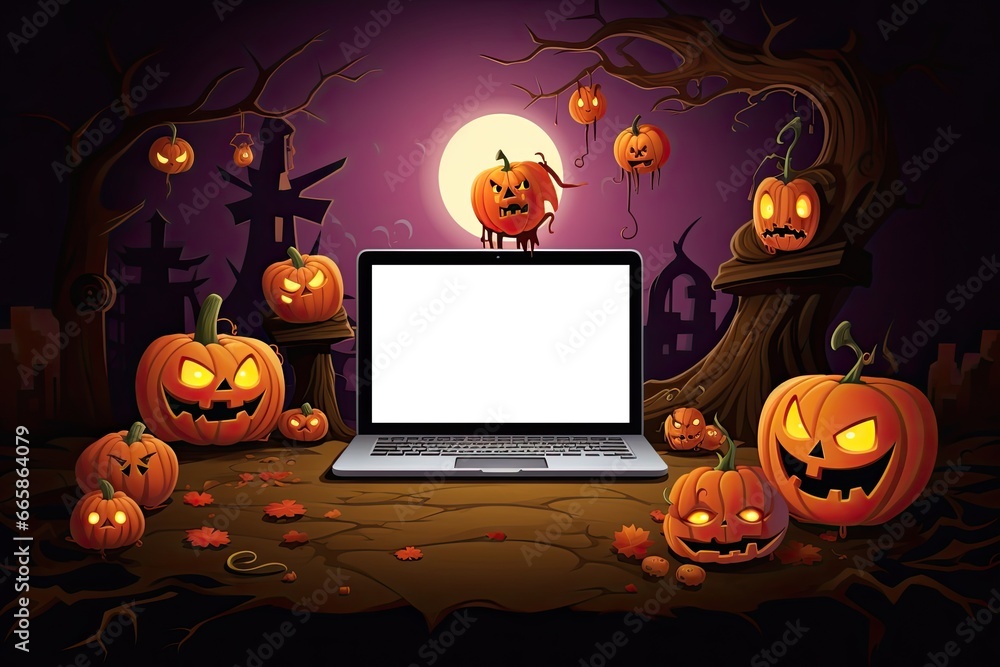 Fototapete halloween 404 timeout error webpage with a vector illustration of a haunted forest, shadowy trees, a