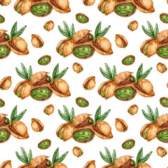 Watercolor illustration of pistachio nut pattern. Healthy food, picnic snacks, festival, Oktoberfest. Isolated on a white background. Ideal food concept, packaging design, cafe, restaurant, menu.