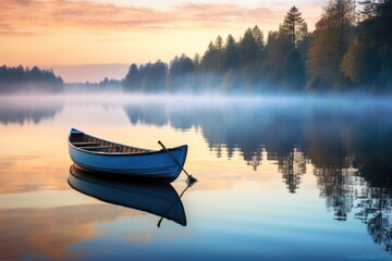 A tranquil lakeside scene with a rowboat and reflections at dawn exuding serenity.