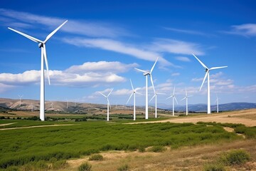 A wind farm with towering turbines generating clean renewable wind energy.