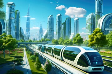 A futuristic cityscape with hydrogen fuel cell vehicles advancing clean transportation