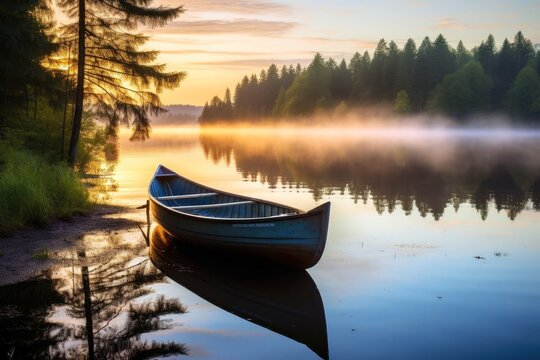 A tranquil lakeside scene with a rowboat and reflections at dawn exuding serenity.