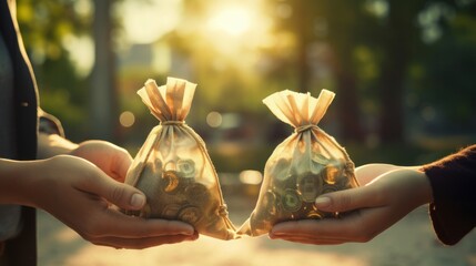 A man and a women hands hold a money bags in the public park for loans to planned investment in the future concept - obrazy, fototapety, plakaty