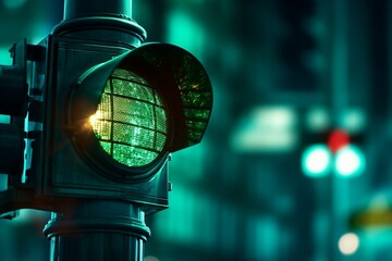 closeup of a green traffic signal at nighttime. Generative AI