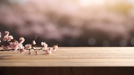 Wooden tabletop for product display with flowers of sakura. Copy space
