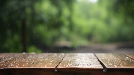 Wet wooden tabletop with water drops for product display while rain at green forest background. Copy space
