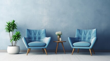 Loft and vintage interior of living room, Blue armchairs on white flooring and blue wall ,3d rendering
