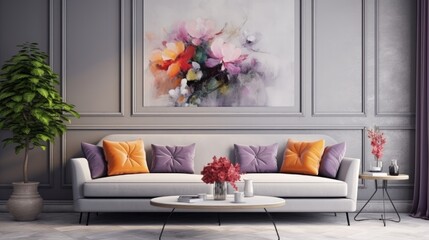 Modern interior design, in a spacious room, next to a table with flowers against a gray wall. Bright, spacious room with a comfortable sofa, plants and elegant accessories