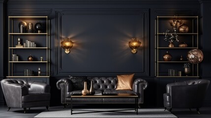 Modern interior design for home, office, interior details, upholstered furniture against the background of a dark classic wall