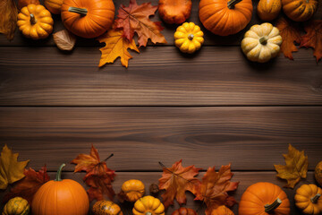 Naklejka na ściany i meble Autumn, Fall Leaves and Pumpkins, Wooden Background