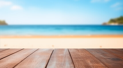 Wooden Product Display Table with Blue Water and Lime Beach Backdrop, Freshness Concept