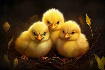 Fototapeta na wymiar Digital illustration depicting cute baby chicks with a dark background, representing spring chicken. Generative AI