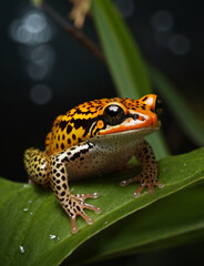 Obraz premium A yellow and black frog sitting on top of a leaf