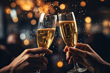 Close up of two hands raising glass of champagne, bokeh background. New Year's Eve, celebration, toast concept. Generative AI.