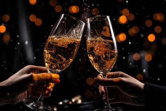 Close up of two hands raising glass of champagne, bokeh background. New Year's Eve, celebration, toast concept. Generative AI.