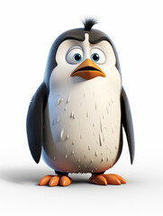 A 3D Cartoon Penguin Sad and Surprised on a Solid Background