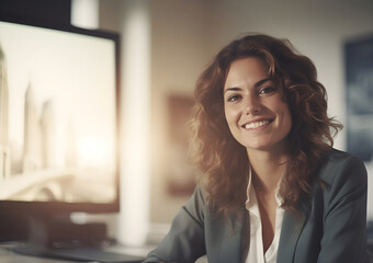 Portrait of a young woman looking at camera with smiling and happiness expression in the office. Successful businesswoman in the office 