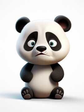 A 3D Cartoon Panda Sad and Surprised on a Solid Background