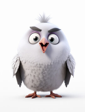 A 3D Cartoon Pigeon Sad and Surprised on a Solid Background