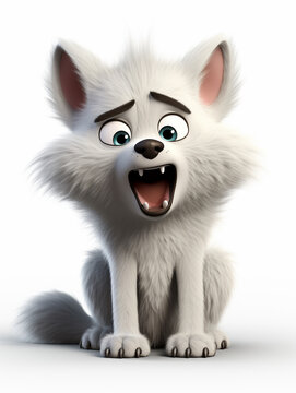 A 3D Cartoon Wolf Sad and Surprised on a Solid Background