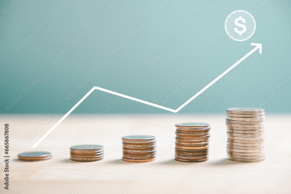 Poster a stack of silver coins meets an ascending trading chart arrow, exemplifying financial concepts and 
