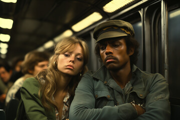 1970's style photo of New Yorkers riding the subway. Innocence of the 70's, fluorescent lighting and gritty themes of NYC. - obrazy, fototapety, plakaty
