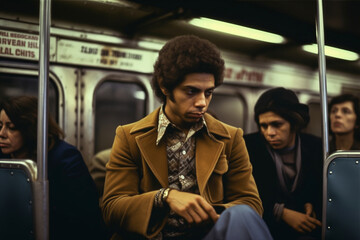 1970's style photo of New Yorkers riding the subway. Innocence of the 70's, fluorescent lighting and gritty themes of NYC. - obrazy, fototapety, plakaty