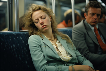 1970's style photo of exhausted NYC resident on subway. Innocence of the 70's, fluorescent lighting and gritty themes of Brooklyn. - obrazy, fototapety, plakaty
