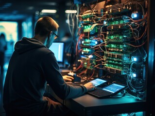 A man is deeply engrossed in setting up or troubleshooting a complex server rack. The server emits a vibrant green light amidst a myriad of cables and devices, technician, programmer, 