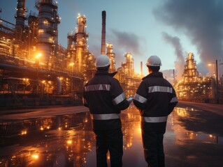 Fototapeta na wymiar Two workers in safety gear inspect a sprawling industrial plant illuminated by golden lights, with tall smokestacks emitting plumes of smoke into the evening sky, refinery