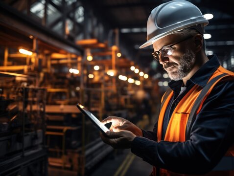 A man in protective work attire, including a helmet and reflective vest, stands in a well-lit industrial setting, engrossed in using a tablet.