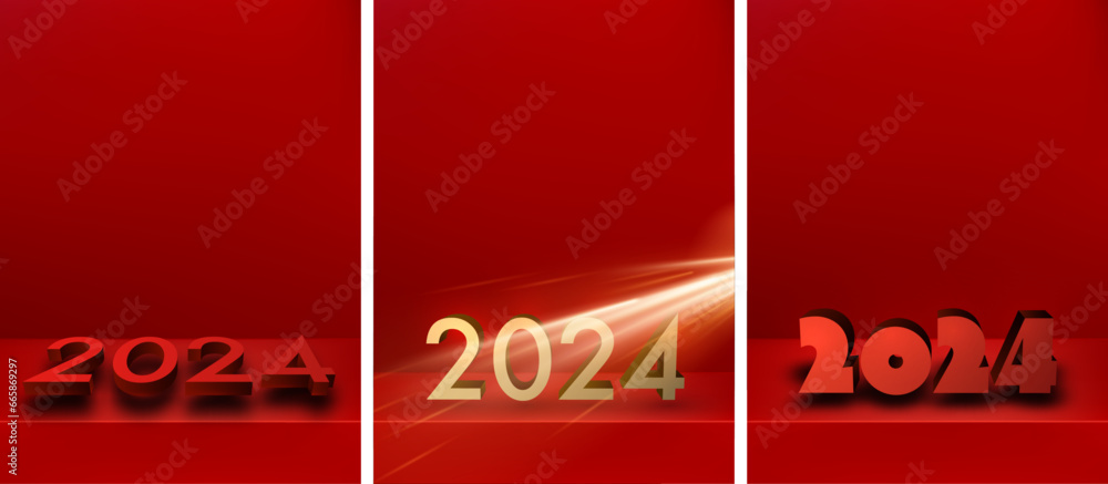 Poster set of new year 2024 red and golden 3d numbers for calendar header on clean bright red vertical card