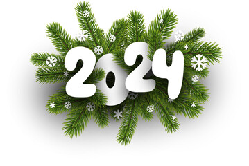 New Year 2024 white paper numbers on realistic green fir twigs and snowflakes.