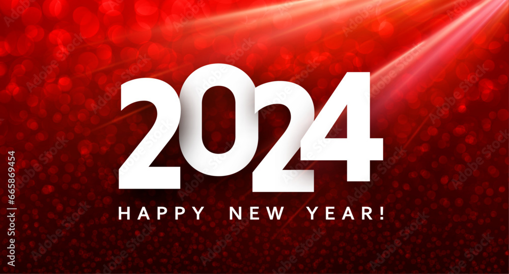 Poster new year 2024 white paper numbers on bright red textured background with light red defocused particl