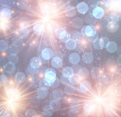 Square bright purple background with flying firework light particles.