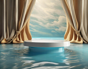 d render abstract platform podium on water and waving curtains. Realistic pastel mock-up for products promotion. Abstract modern minimal background with emty podium