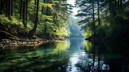 Obraz premium Shadows of trees stretching across a tranquil lake 