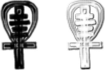 Dotted halftone execution of the Key of Life in Egyptian mythology (Egyptian Cross, Ankh). Two vector options. - obrazy, fototapety, plakaty