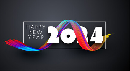 New Year 2024 white paper numbers for calendar header with gradient color 3d curled ribbon on grey background.