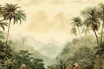 Tropical vintage green palm tree border with jungle landscape background. Generative AI