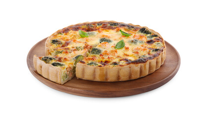 Delicious homemade quiche with salmon and broccoli isolated on white