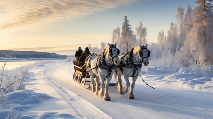 Fototapeta na wymiar A horse-drawn sleigh ride through a snowy landscape 
